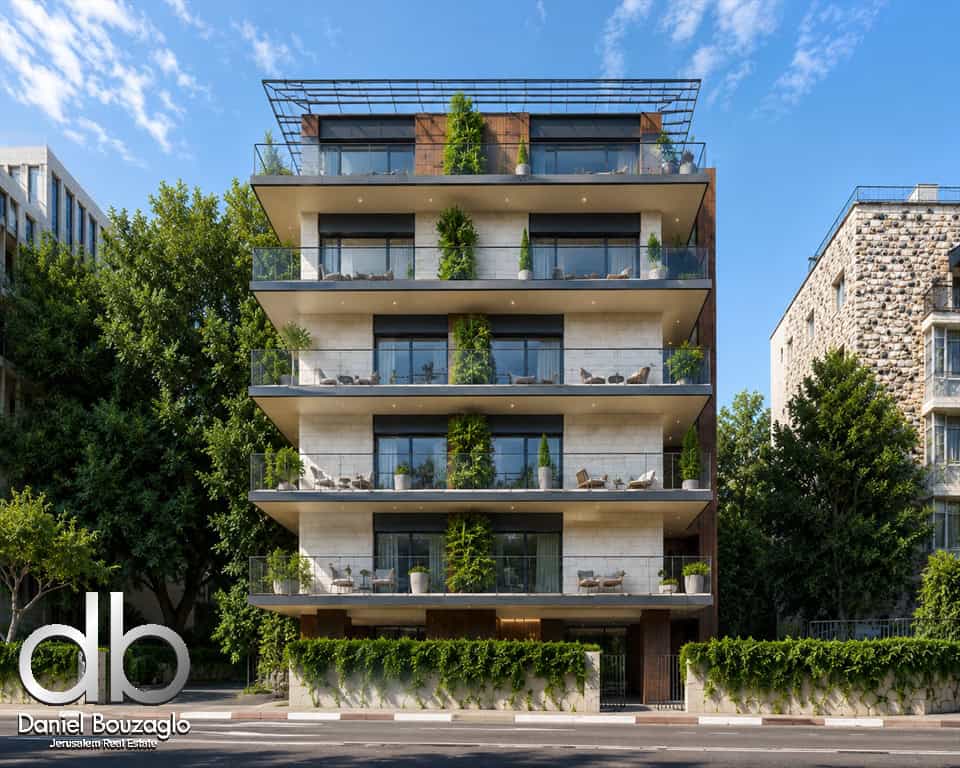 Modern five-story residential building with glass balconies and greenery on each level; real estate logo 'db Daniel Bouzaglo' visible in the bottom left.
