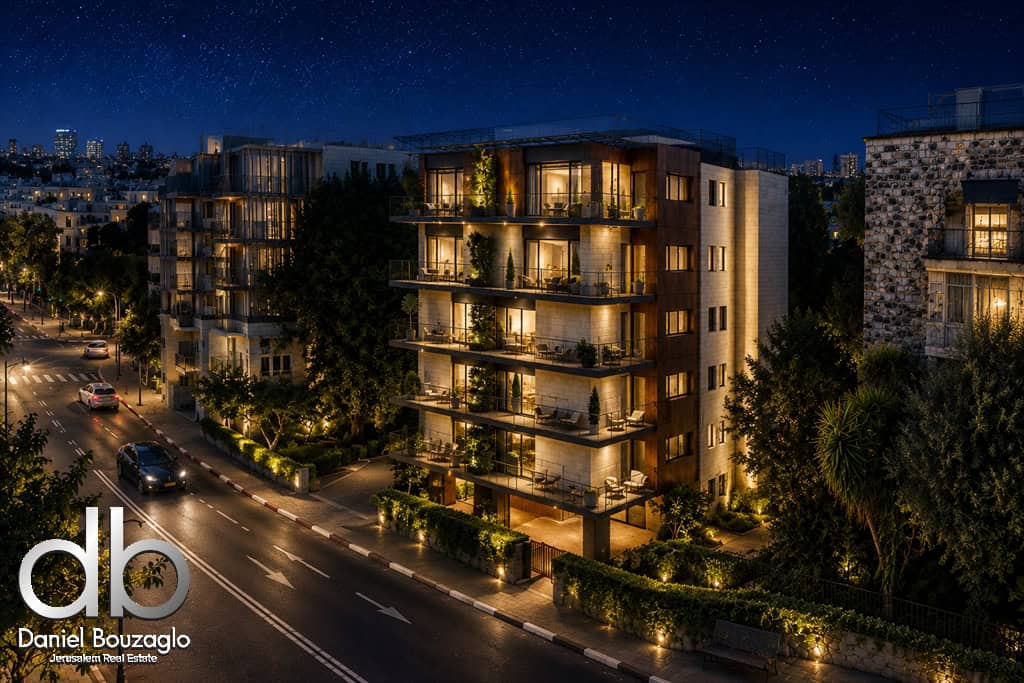Night aerial view of a modern apartment building with illuminated balconies along a tree-lined street; logo reads 'db Daniel Bouzaglo Jerusalem Real Estate' in the bottom-left corner.