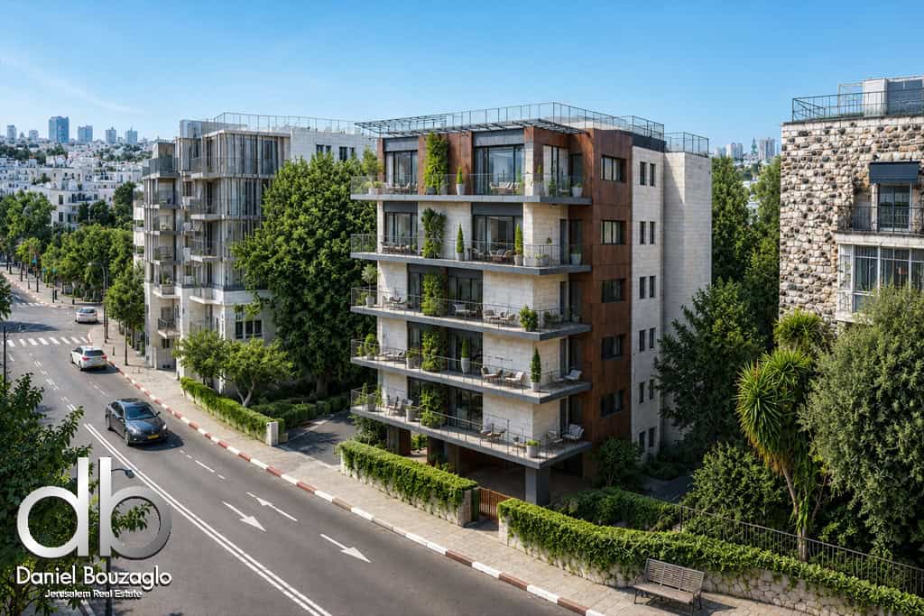 Modern six-story apartment building with balconies and abundant greenery on a tree-lined street.