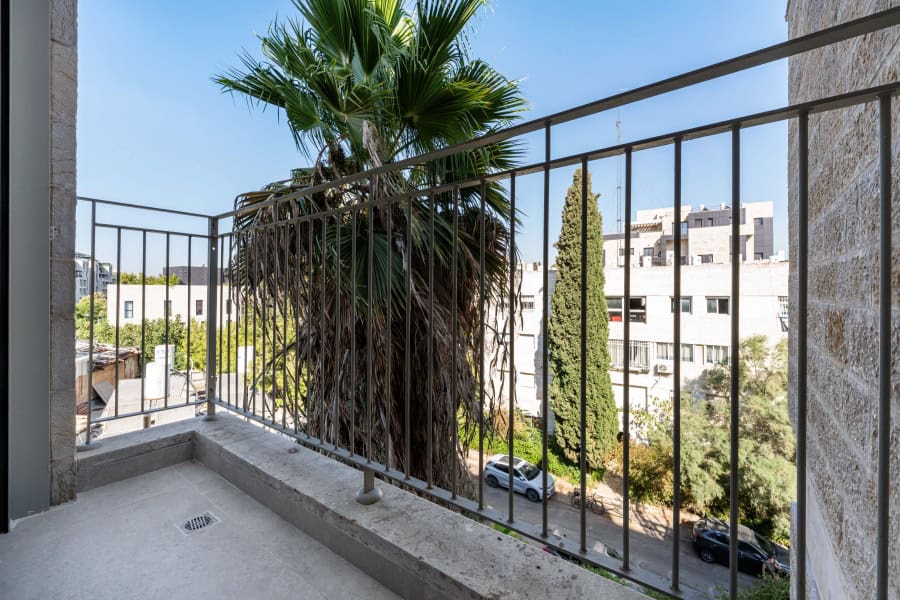 Harakevet rd duplex penthouse for sale 2_1 Spacious balcony view in Jerusalem with lush palm and cypress trees and cityscape in the background, perfect for real estate buyers interested in Jerusalem properties.