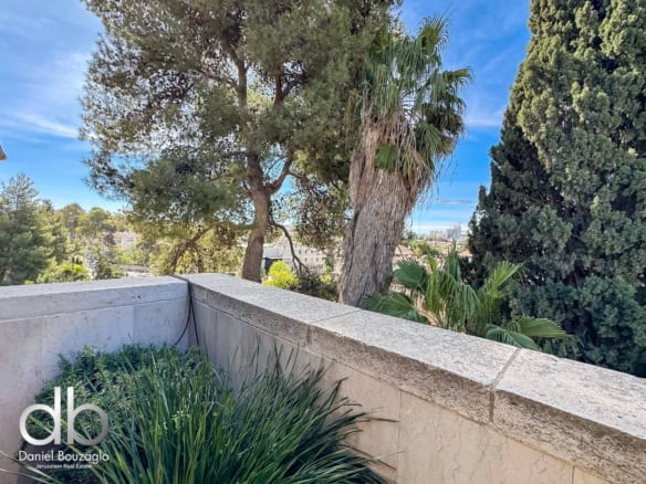Terrace with a stone railing, lush green plants, and palm trees, overlooking a city skyline on a sunny blue-sky day; branding: Daniel Bouzaglio Jerusalem Real Estate.