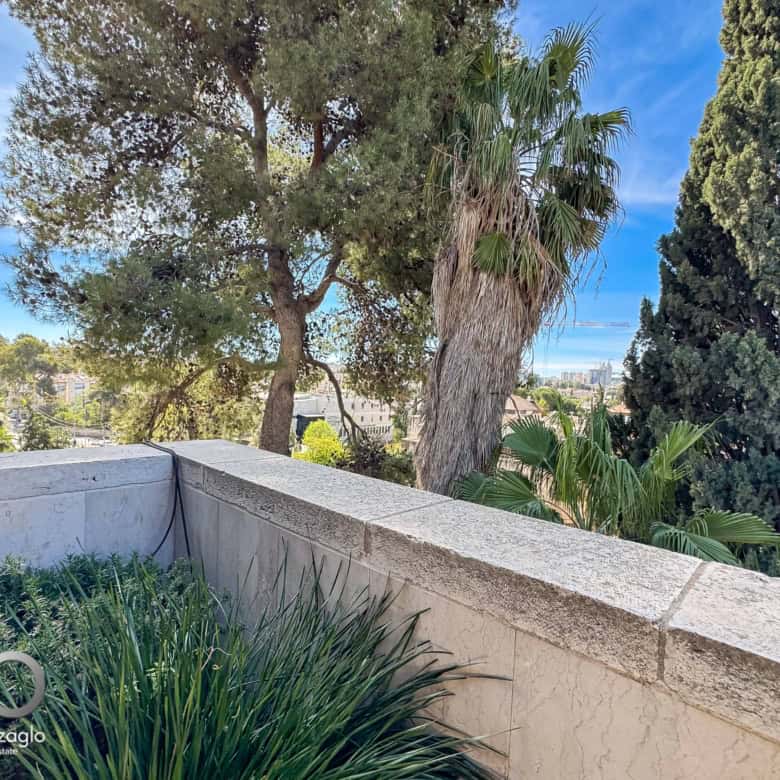 Terrace with a stone railing, lush green plants, and palm trees, overlooking a city skyline on a sunny blue-sky day; branding: Daniel Bouzaglio Jerusalem Real Estate.