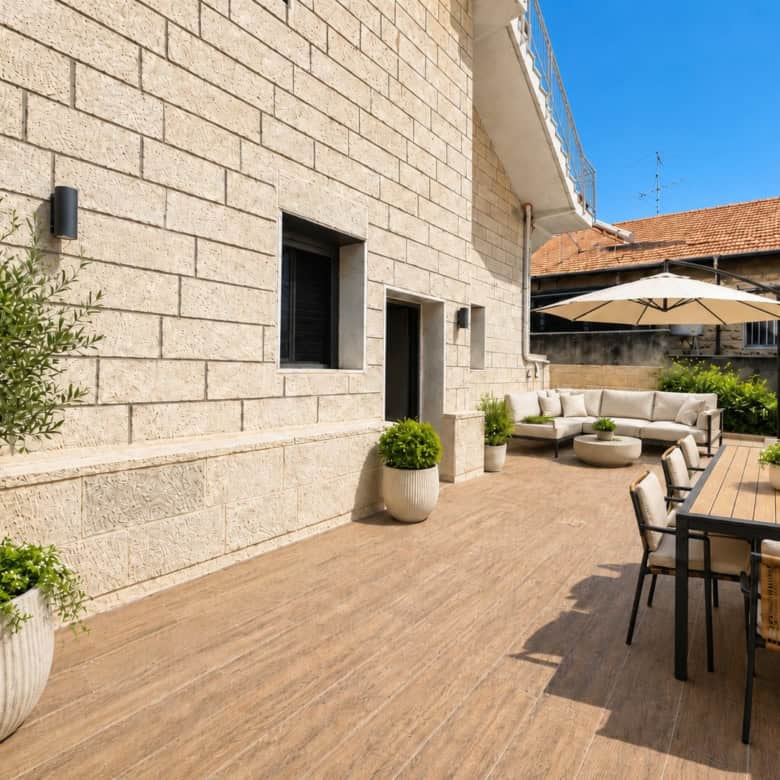 Sunlit patio with beige stone walls, a cream sectional sofa under a large umbrella, and a wooden dining table with chairs.