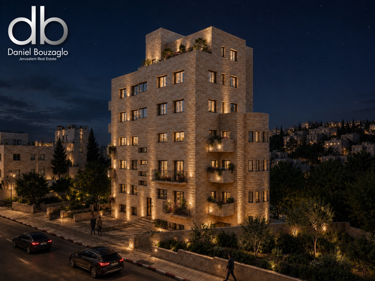 Nighttime street view of a multi-story stone apartment building lit from within, with the 'Daniel Bouzaglo Jerusalem Real Estate' logo in the top-left corner.