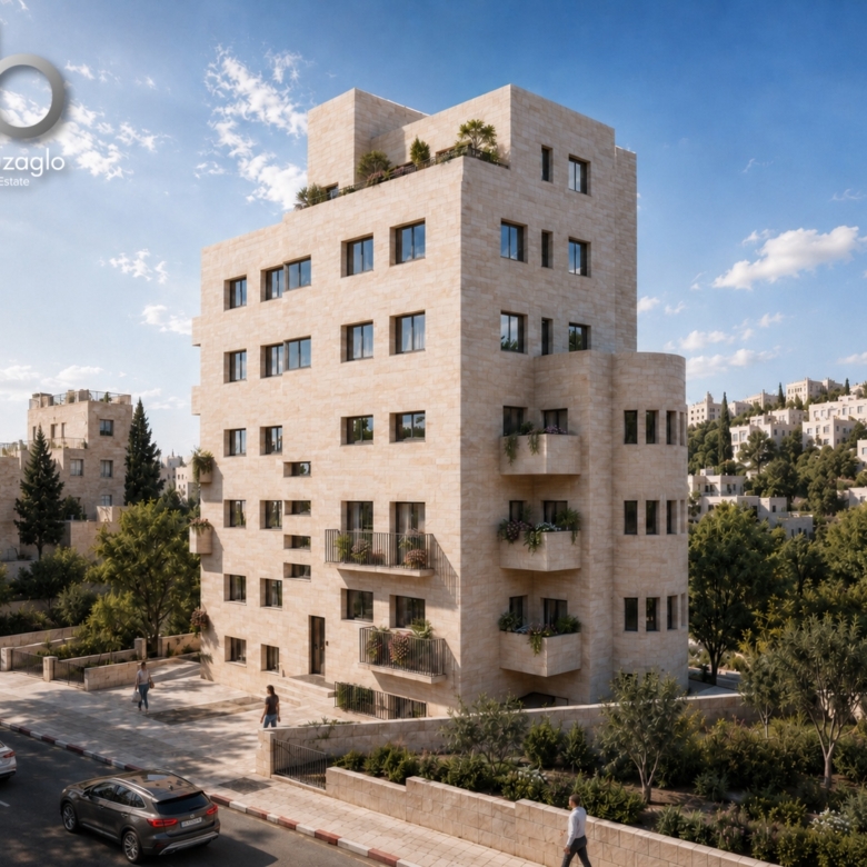 Contemporary beige stone apartment building with balconies on a sunny street, logo in the corner, Jerusalem area setting.