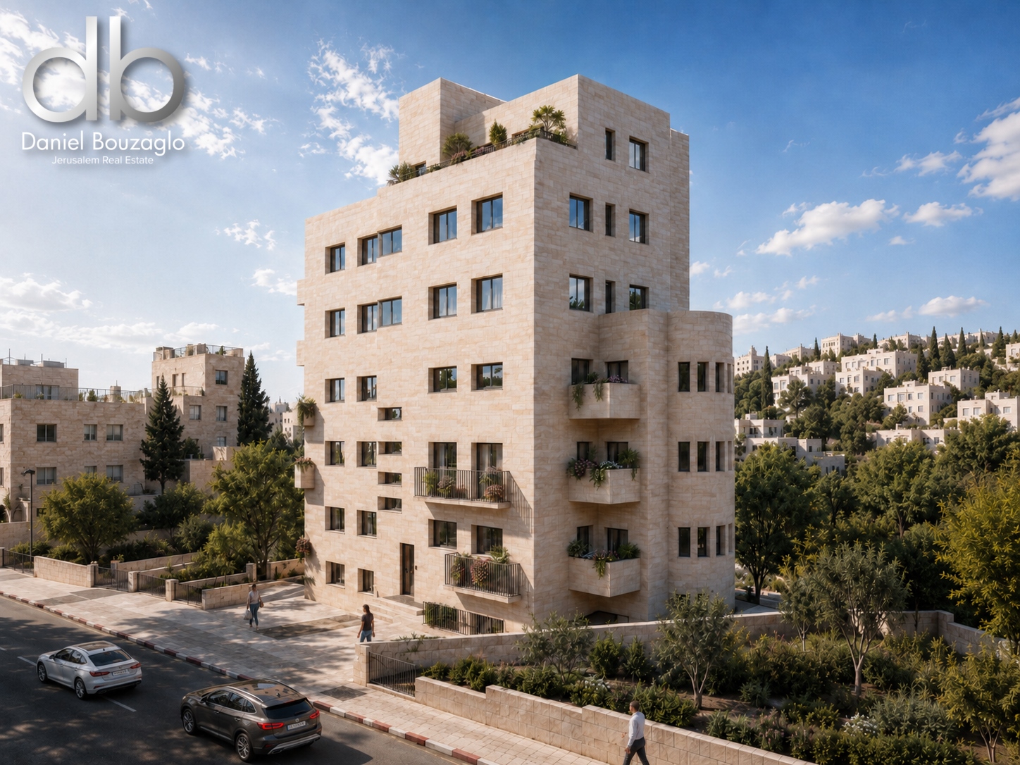Contemporary beige stone apartment building with balconies on a sunny street, logo in the corner, Jerusalem area setting.