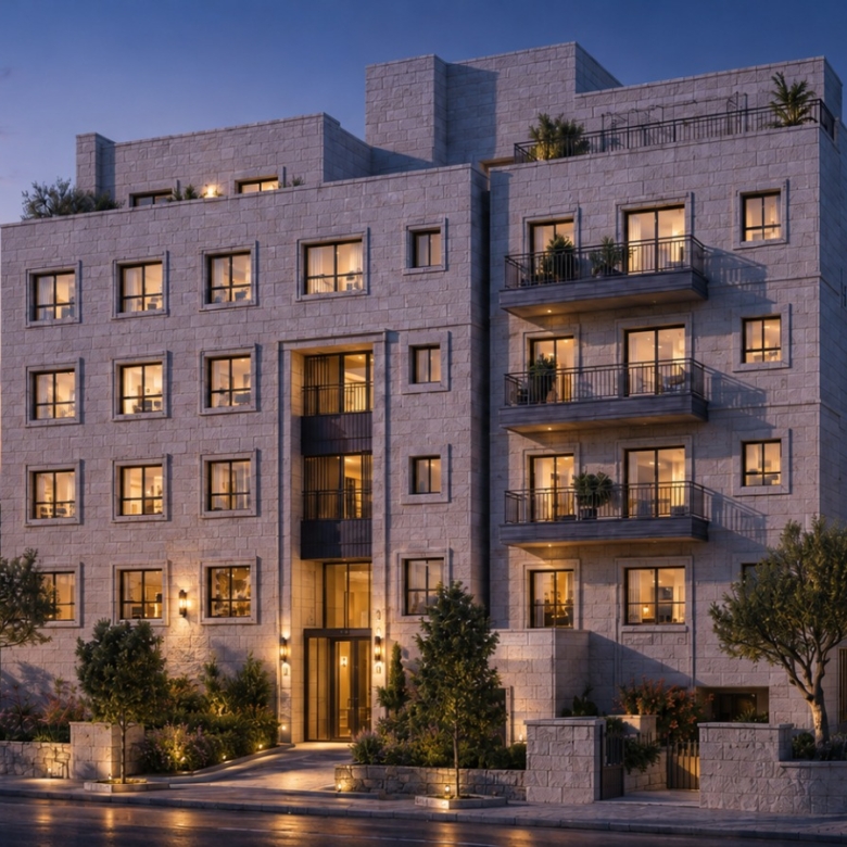 Six-story stone apartment building at dusk with illuminated windows, balconies, and surrounding trees and cars on the street behind.